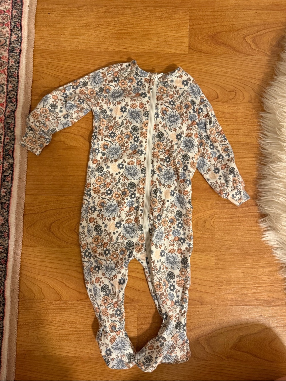 Petit Lem Floral Zip Footed One-Piece in Cream, Blue, and Tan